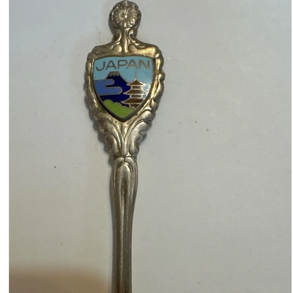 Vintage Japan Souvenir Spoon Nickel Silver Cloisonne Enamel Mt Fuji Pagoda 4.25